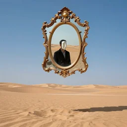 floating baroque mirror with faceless man in the reflection. mirror floating above the big an empty desert by zdzislaw beksinski, color