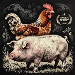 a cross of a chicken and a pig, realistic, detailed, linocut