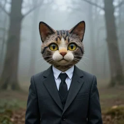photographic portrait max ernst cat puppet face wearing a suit, in fog, a forest in the background