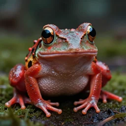 All Hail the mighty Cyberfrog ! In its natural environment, Close up. Macro. Hyper realistic, Reddish. Synth wave