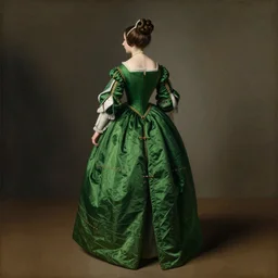 back of a noble woman in emerald dress, 1 7 th century, symmetric, painting