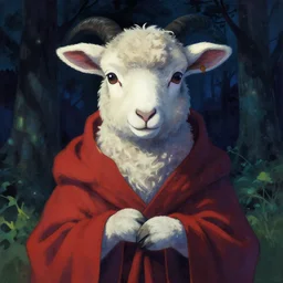 portrait of a lamb wearing cult robes, style of john bauer, style of yoshitaka amano, deep colors and dark shadows, night forest background, ambient glow