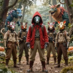 red ridding hood and a troop of gamekeepers hunting on mystical monsters in forest. all wearing a steampunk and neonpunk mechanical fluorescent mystical animal masks. realistic fornite style. full body. product introduction photos. luminescent, elements, by stanley artgerm lau. epic cinematic shot, perfectly defined features, ambient occlusion