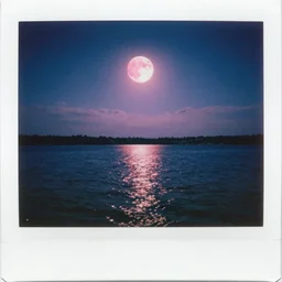 analog polaroid of a lake, with a pink moon in the sky