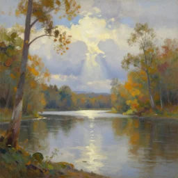 beautiful panoramic landscape, oil painting, trees surrounding the reflective waters of a lake, gentle cloud cover and the sunbeams are falling through the gaps, the trees around have leaves the color of autumn,, by bob ross