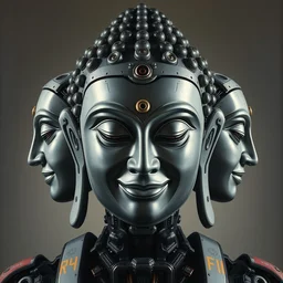 perfectly centered and symmetrical portrait of a biomechanical robot buddha with 3 faces, intense stare, sarcastic smile, volumetric lighting, volumetric shadows, realistic oil painting by greg rutkowski,