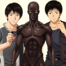 a dark brown humanoid, hyper detailed, in the style of katsuhiro otomo and and katsuhiro otomo and katsuhiro otomo, selfie