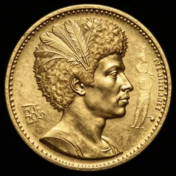 a ancient gold coin depicting a black man with afro and feathers in hair, london mint, very detailed, artstation, full frame, dramatic shading, jonathan pointer, janie penny,