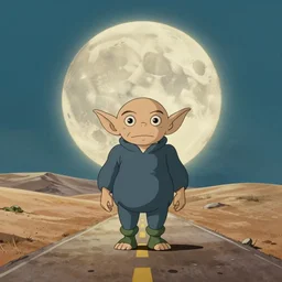 a study of cell shaded cartoon of a goblin from howl's moving castle ( 2 0 0 4 ) on a desert road, in front of a big moon, full body, wide shot, very muted colors, post grunge, studio ghibli, laurie greasley, highly detailed, deviantart, art by artgem