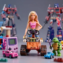barbie dolls hot wheels cars lego sets nintendo game boy my little pony toys transformers action figures g. i. joe toys he - man and the masters of the universe toys star wars action figures teenage mutant ninja turtles toys, digital art, realistic, octane render, professional, high quality, dof, bokeh, action, wall - e