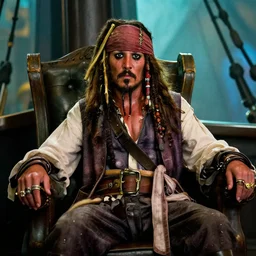 Captain Jack Sparrow sitting in the captain's chair onboard the Starship Enterprise looking towards the camera