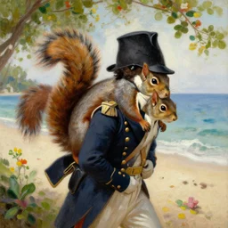 a squirrel carrying napoleon bonaparte on its back, beach scene with flowers and foliage, detailed oil painting