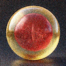 a large translucent gold sphere with a red translucent sphere inside, the red sphere holds a city inside of it, photo realistic, 8k, octane rendered, highly detailed