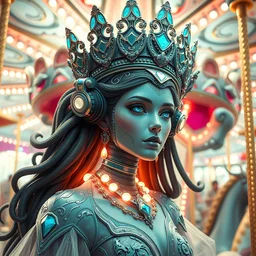 ethereal cybernetic empress tsarina wearing futuristic sentient alien carousel crown in the fantasy amusement carnival, extremely detailed, sharp focus, wide view, full body shot, smooth, digital illustration, by dan mumford. james jean, by rossdraws, frank franzzeta, sakimichan