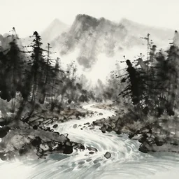 zen mountains forest river ink