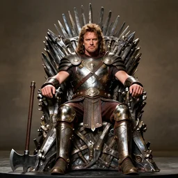 chris farley as king conan, directed by john millius, photorealistic, sitting on a metal throne, wearing ancient cimmerian armor, a battle axe to her side, cinematic photoshoot in the style of annie leibovitz, studio lighting