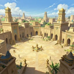 A wide open courtyard in an epic ancient Egyptian-style city at midday, anime, cinematic, a fantasy digital painting by Greg Rutkowski and James Gurney, trending on Artstation, highly detailed