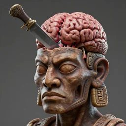 aliens brainsucker cutting brains out of head of aztec with ritual knife, perfect face, fine details, studio lighting, close view, subtle shadows, art by katsuya terada, photorealism, hyper realism, octane render, hyper detailed, medium shot, 8 k, raw, unedited, in - frame,