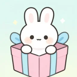 illustration of a cartoonish white rabbit in a gift box, pastel colors, highligts