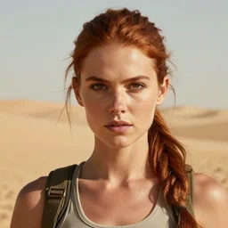 fantasy concept art, frontal portrait of a clean faced young woman!!, auburn hair in a ponytail, attractive, sun - kissed face, natural makeup, athletic, slavic features, serious demeanor, ( tomb raider ), desert background, in the style of ruan jia, high detail, uplit, 8 k