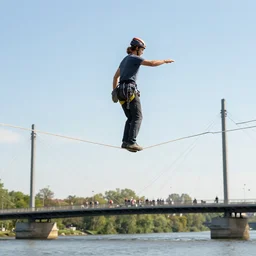 tightrope walker above Erasmus bridge, hyperdetailed