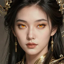 Asian woman portrait, sci-fi, amber eyes, face, long hair, fantasy, intricate, elegant, highly detailed, digital painting, artstation, concept art, smooth, sharp focus, illustration, art by artgerm and greg rutkowski and alphonse mucha