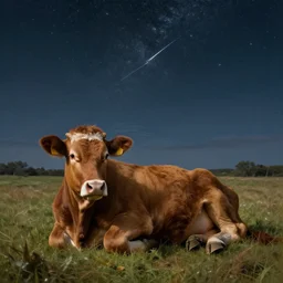 a two headed brown calf ( ( laying down alone ) ) in a pasture, windy, stoic, modern, cgsociety, hyperdetailed, dramatic, stars, epic painting, shooting stars, painted by jean honore fragonard and greg rutkowski, full body, octane render, sharpness, 8 k, golden ratio