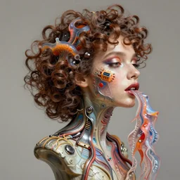 machine cover art arms lips future bass girl unwrapped statue bust curls of hair petite lush side view body unfolds photography model full body curly jellyfish lips art contrast vibrant futuristic fabric skin jellyfish material metal veins style of Jonathan Zawada, Thisset colours simple background objective