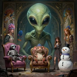 a gigantic alien from my own mind and send it back in time to a time of my own making bobblehead opensource ubuntu omes goblin elf lehead hyacin moo ottoman androidgames reaper fairi mole armchair snowman horror, happy, highly detailed, digital painting, cinematic, hyperrealism, dark retrowave, art by stanley lau and artgerm and magali villeneuve and alphonse mucha, artstation, octane render, cgsociety