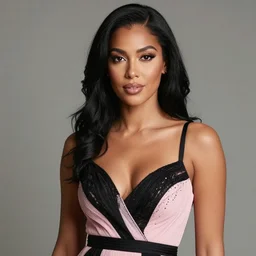 a portrait of a beautiful woman that has a black hair, tan skin and is wearing a beautiful black and pink dress