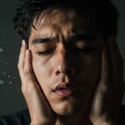 “ the face of a man in agony reflected through a drop of water, dramatic lighting, incredible quality, bokeh ”