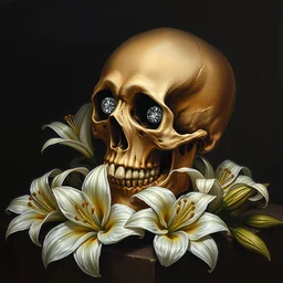 a painting of a human skull with diamonds for eyes nestled on a bed of white lilies, dark shadowy background, in the style of a still life oil painting, gothic