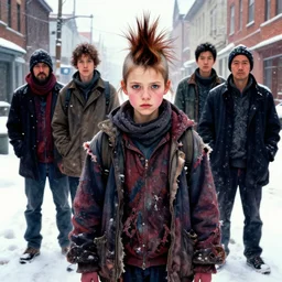 homeless girl portrait, snowy street, mohawk bleached hair, torn clothing, richard avedon, martin schoeller, victor ngai, id magazine, epic scene, david cronenberg, kilian eng vibrant colours, dynamic lighting, intricate illustration, detailed, beksinski, dan mumford, artstation, greg rutkowski, sharp focus, photoreal, 8 k