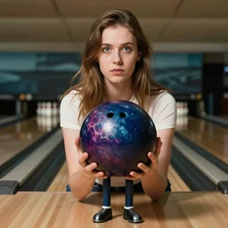 a bowling ball with arms and legs holds a small human man in his hands in a bowling alley