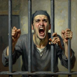 a screaming prisoner holding prison bars, realism old painting, oil painting