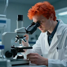 scientist man with red - orange hair looking at nematode worms under microcrope highly detailed, cinematic lighting, octan render 4 k