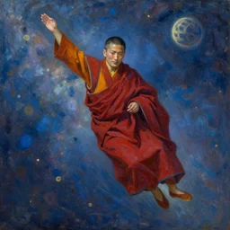tibetan monk flying through space, impressionism, beautiful painting, trending on artstation,