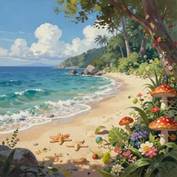 digital painting detailed beach and shoreline starfish magical forest flowers mushrooms painted by jeremiah ketner