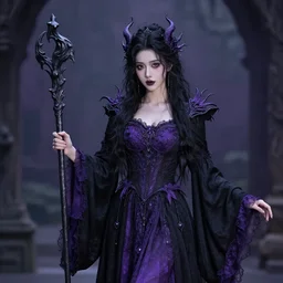 photograph of a real - life beautiful! elemental darkness witch with ornate black and purple robes and staff. extremely detailed. 8 k