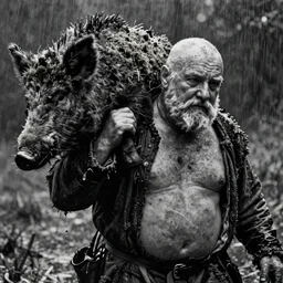 movie still by tarkovsky close - up of a giant obese old bald man carrying a boar carcass in a swamp, mossy, wearing dirty medieval clothes, by night, cinestill 8 0 0 t 3 5 mm b & w, heavy grain, high quality, noir, natural textures, photorealistic, ambient occlusion, hd, dof, mud, fog, heavy rain