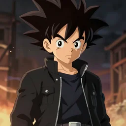 an epic anime of a kid super sayayin, black jacket, ghibli, unreal 5, octane render, rpg portrait, dynamic lighting, epic, epic anime, 2 d