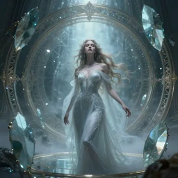 goddess of illusion, beautiful, stunning, breathtaking, mirrors, glass, magic circle, magic doorway, fantasy, mist, cienematic, digital art painting, highly intricate details