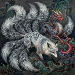 beautiful painting inspired by blade runner reboot in the classics chinese book 山 海 经, animal concept design : 九 尾 狐, 麒 麟, 章 鱼, high detail, religion light, grey blue and red dark green and white scheme, by mucha, zdzislaw, tyler jacobson, noah bradley, james paick