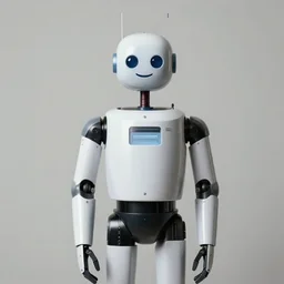 studio photo portait of a bot waiting for customers, slightly happy