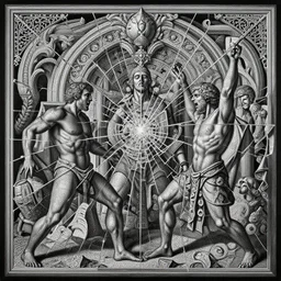 the best lack all conviction while the worst are full passionate intensity, by m. c. escher, painting, insanely detailed and intricate, hypermaximalist, elegant, ornate, hyperrealistic, super detailed, seen through broken glass, battle of good versus evil
