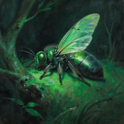 the sleeping insect queen that lurks below, a fantasy painting by wenjun lin | green and black hues