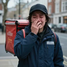 a postal delivery worker in london is crying. folk horror. realistic.
