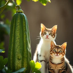 photo of giant 2 storey tall cucumber next to a cat, taken with canon eos - 1 d x mark iii, bokeh, sunlight, studio 4 k