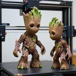 3 d printer printing a groot, sharp focus, groot also on the side lookinf the 3 d printer with a sad face