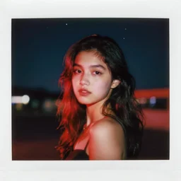 blured girl on the red light, focused background night sky with stars, polaroid photo